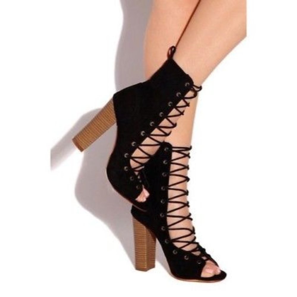 LILIANA Lace Up Bootie with Wooden Heel